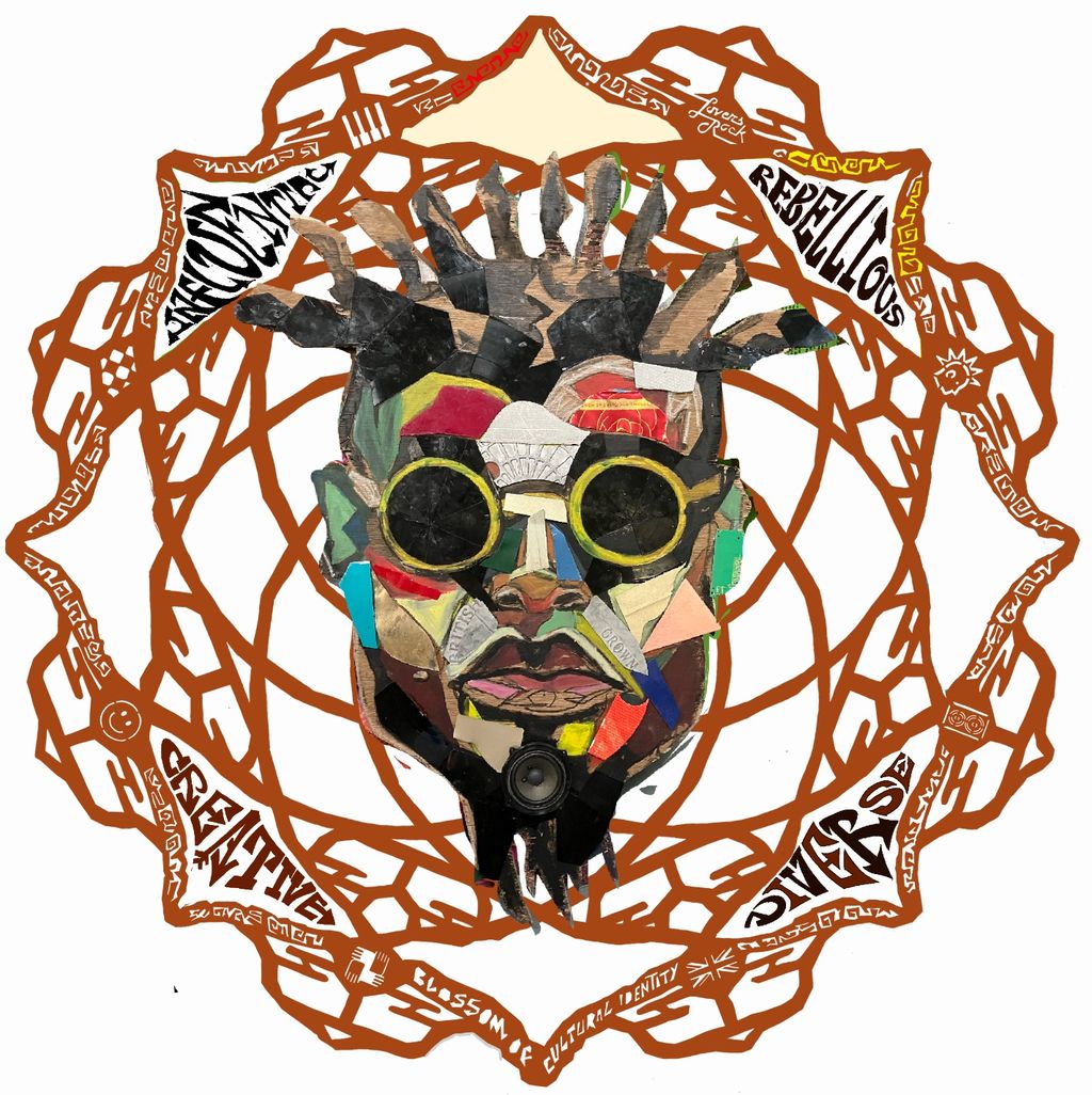 Colorful collage of a face wearing sunglasses, surrounded by a circular, intricate pattern with various words and symbols in warm tones.