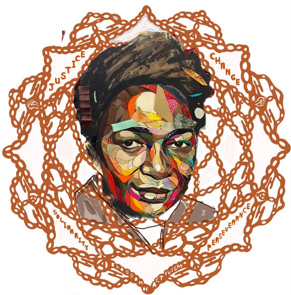 Colorful portrait collage surrounded by a chain pattern featuring words like "justice," "change," and "perseverance."