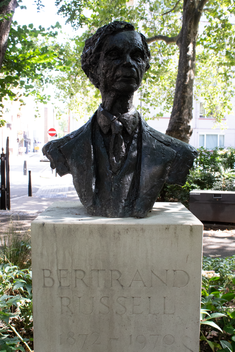 bronze bust on top of white stone plinth with Bertrand Russell carved into it