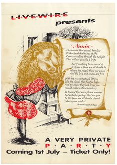 Vintage poster featuring a lion with a woman's body wearing a red dress. Text announces "Livewire presents Narnia" and details a private party.