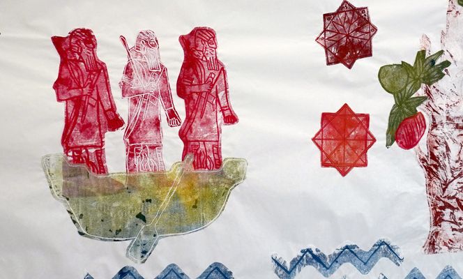 detail from paper scroll of mono prints depicting the Jakata Tales by The Winch