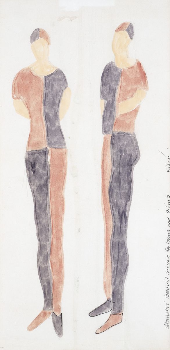 A composition that features two stylised figures, shown in front and profile views, rendered in muted reddish-brown and deep grey tones.