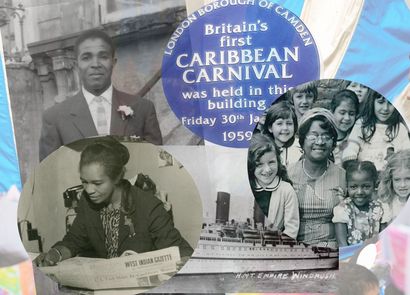 Collage of black-and-white photos featuring Britain's first Caribbean Carnival in 1959, with images of a man, woman, and group with children.