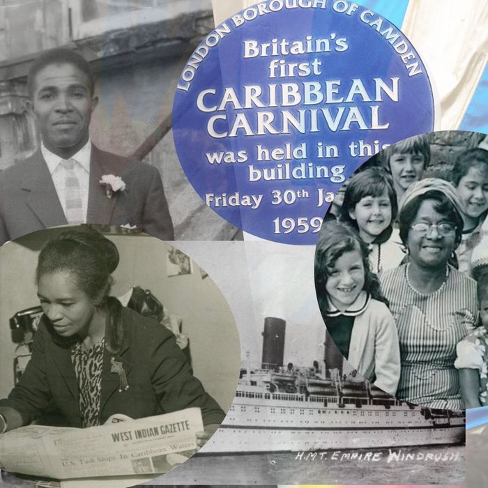 Collage of black-and-white photos featuring Britain's first Caribbean Carnival in 1959, with images of a man, woman, and group with children.