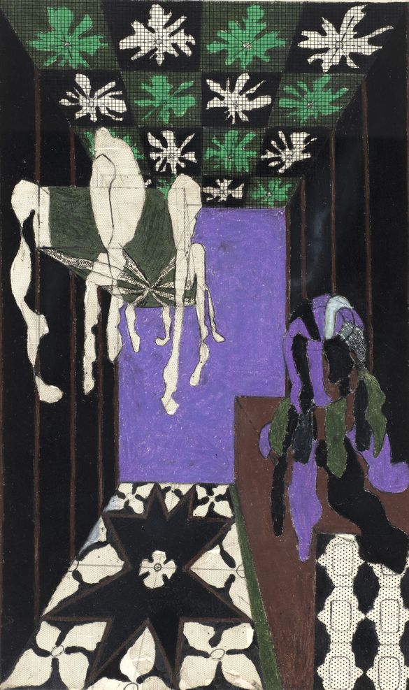 Artwork with a purple wall, patterned black and white floor, and green and white ceiling. Draped fabrics and shapes create a surreal scene.