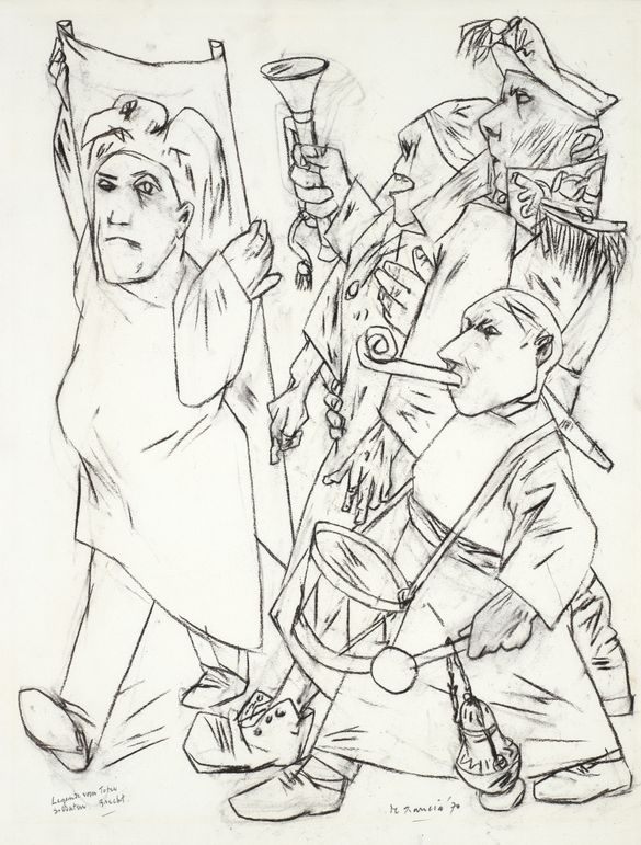 Sketch of four abstract figures marching, one holding a flag, others playing instruments, with exaggerated features and dynamic poses.