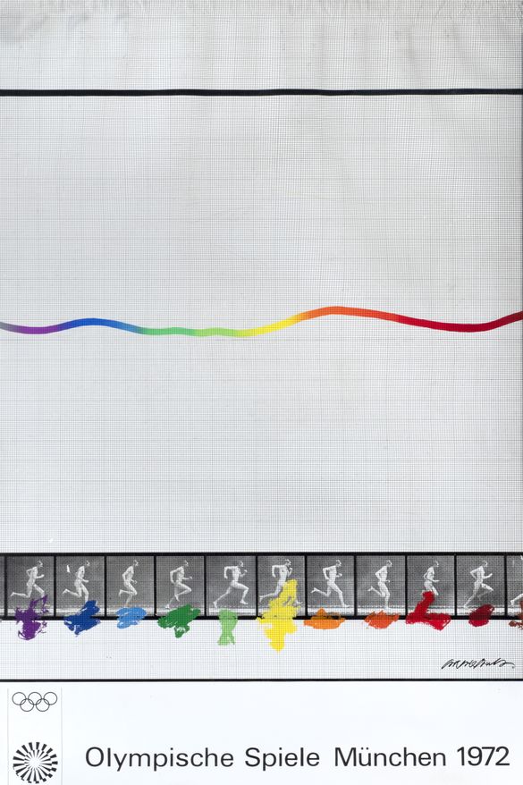 Poster for the 1972 Munich Olympics featuring a colorful line, athlete silhouettes, and Olympic rings. Text reads "Olympische Spiele München 1972."