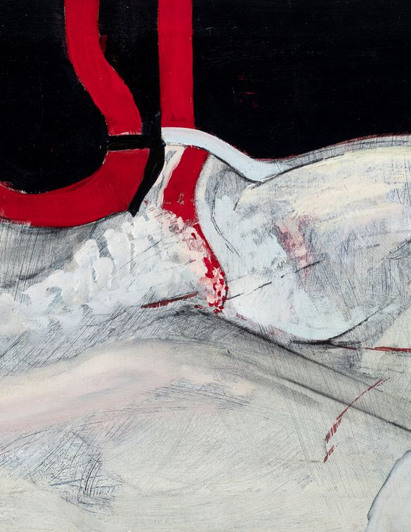 Abstract painting with bold red lines and white, textured forms against a dark background, suggesting dynamic movement and contrast.