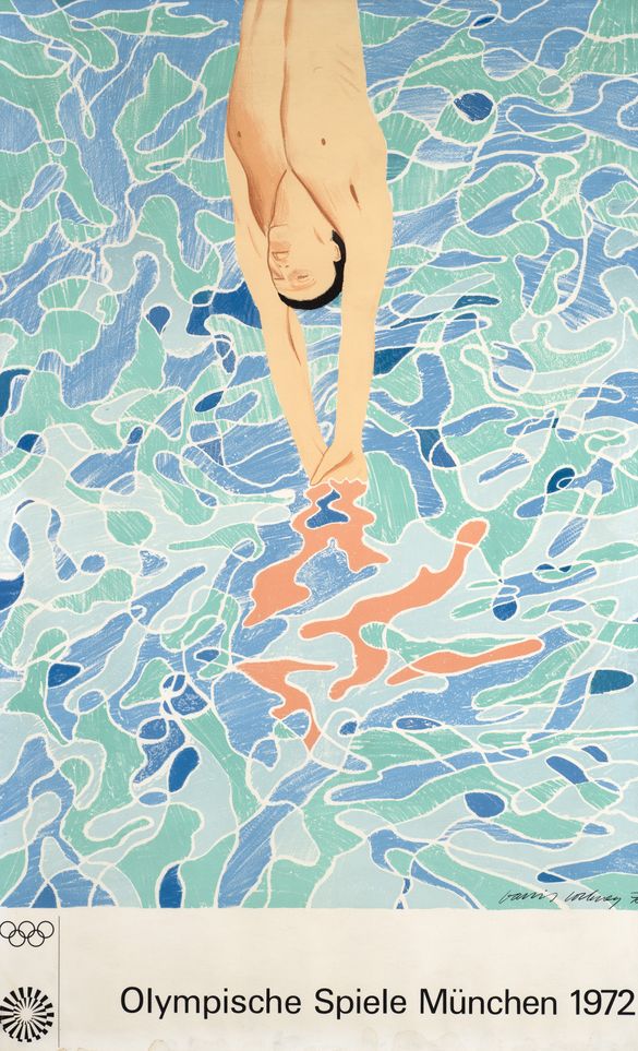Artwork of a diver entering water, surrounded by abstract blue and green patterns. Text reads "Olympische Spiele München 1972."