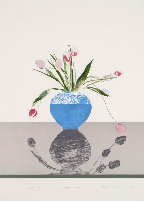 A blue vase with pink tulips on a gray surface, reflecting a shadowy silhouette below.