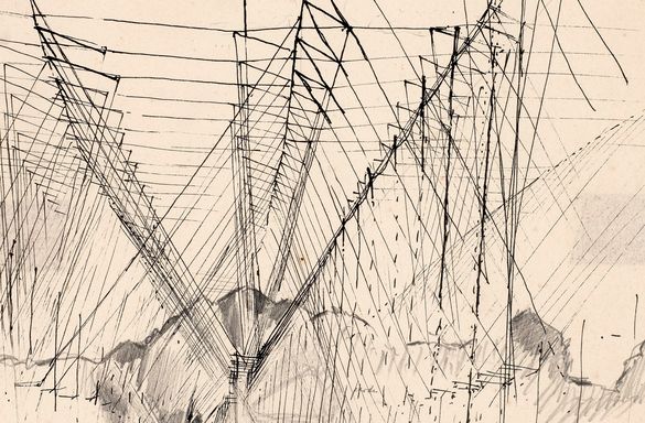 Black ink drawing with geometric lines and shapes, creating a sense of depth and perspective on a beige background.