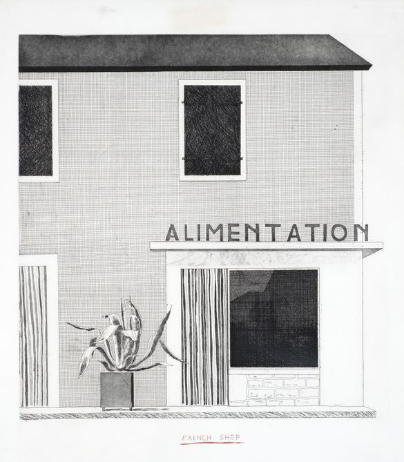 Illustration of a two-story building with a sign "ALIMENTATION," featuring a potted plant and striped curtains at the entrance.