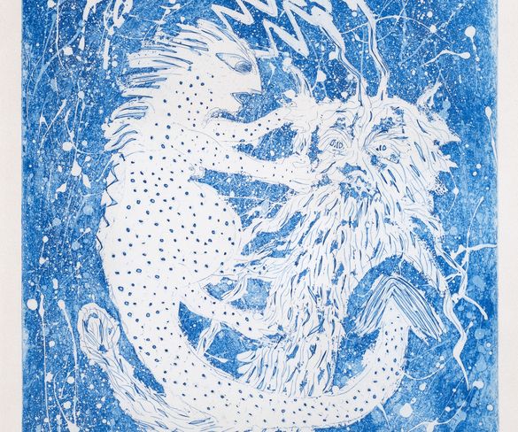 Blue and white artwork depicting a stylized dragon-like creature with intricate patterns and textures against a dynamic background.