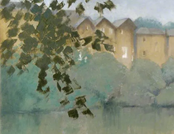 leaves, trees and water with yellow buildings in the background