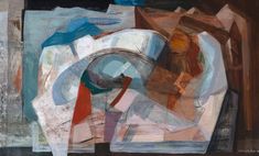 Abstract painting with overlapping geometric shapes in shades of blue, brown, and red, creating a dynamic and layered composition.