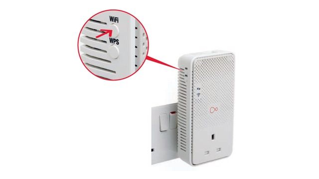 WiFi button highlighted in red bubble on WiFi booster.