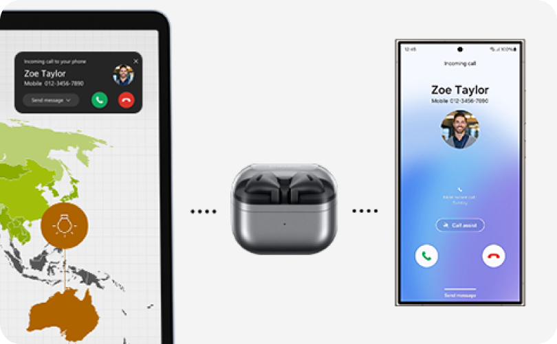 Composite image showing Galaxy Buds switching connection between a Galaxy Book5 Edge 5G laptop and a Galaxy smartphone