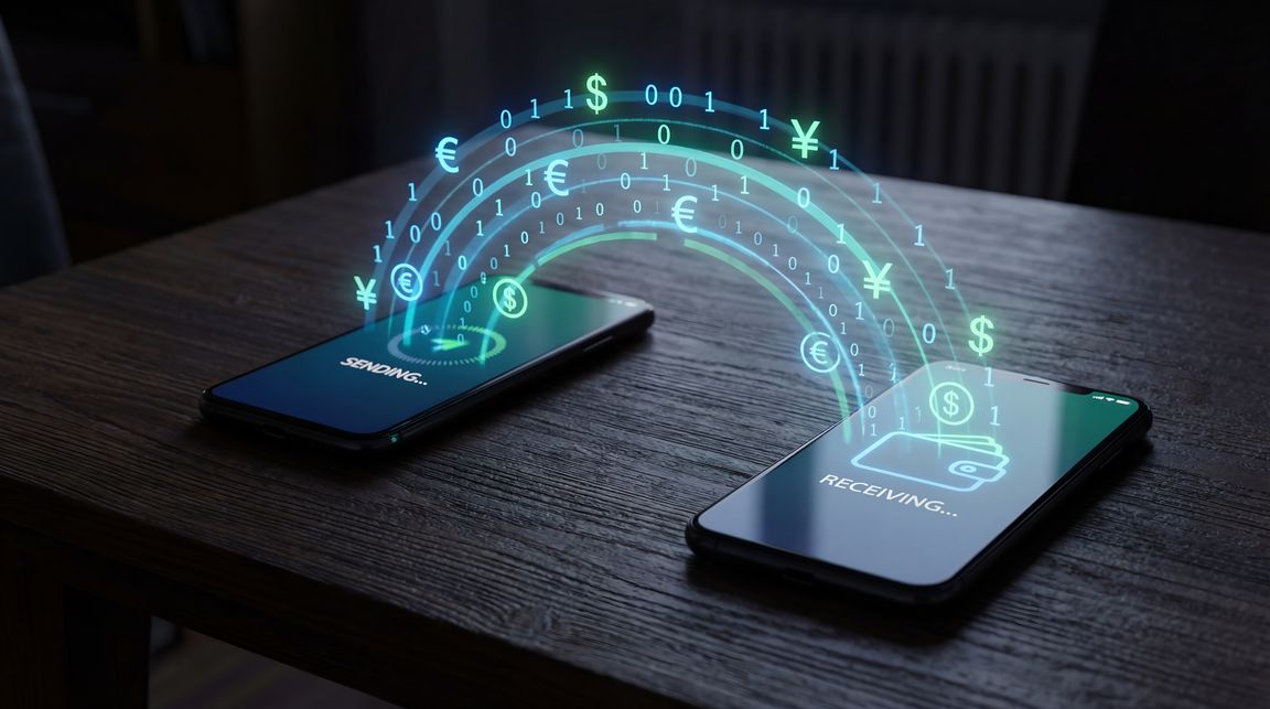 Digitaler Euro im Praxistest Zwei Smartphones liegen auf Tisch und übertragen imaginär Geld