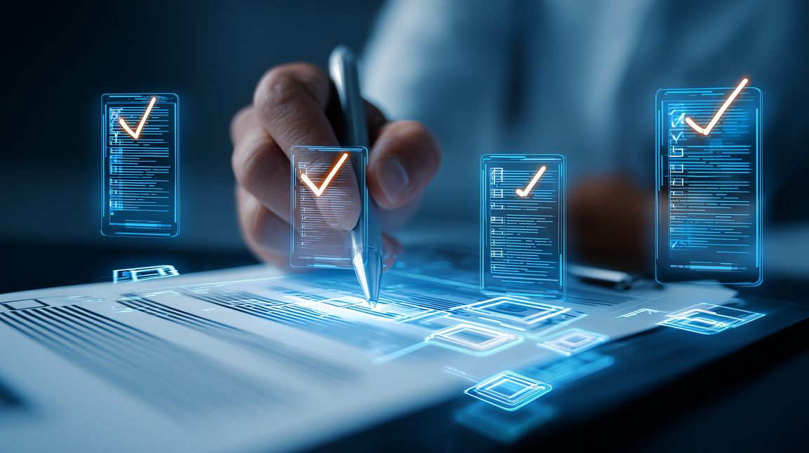 BV Magazin Das erste Jahr DORA Digitale Checklisten überlagern eine Hand, die mit einem Stift auf in einem digitalen Dokument arbeitet.