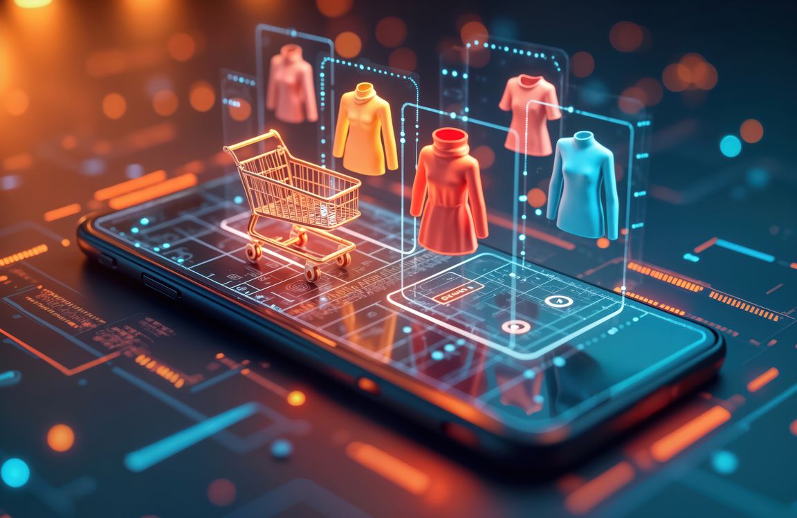 BV Magazin KI-Agent bittet zur Kasse Smartphone mit digitalen Kleidungsstücken und Einkaufswagen als Symbol für E-Commerce