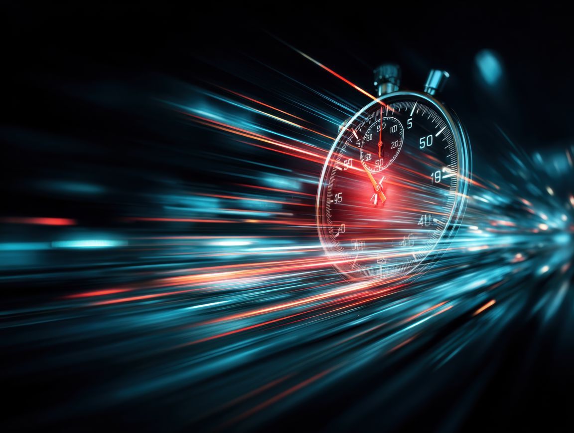 BV Magazin Echtzeitzahlungen Kundenerlebnis Eine Stoppuhr wird überlagert von dynamischen Lichtstreifen vor einem schwarzen Hintergrund.