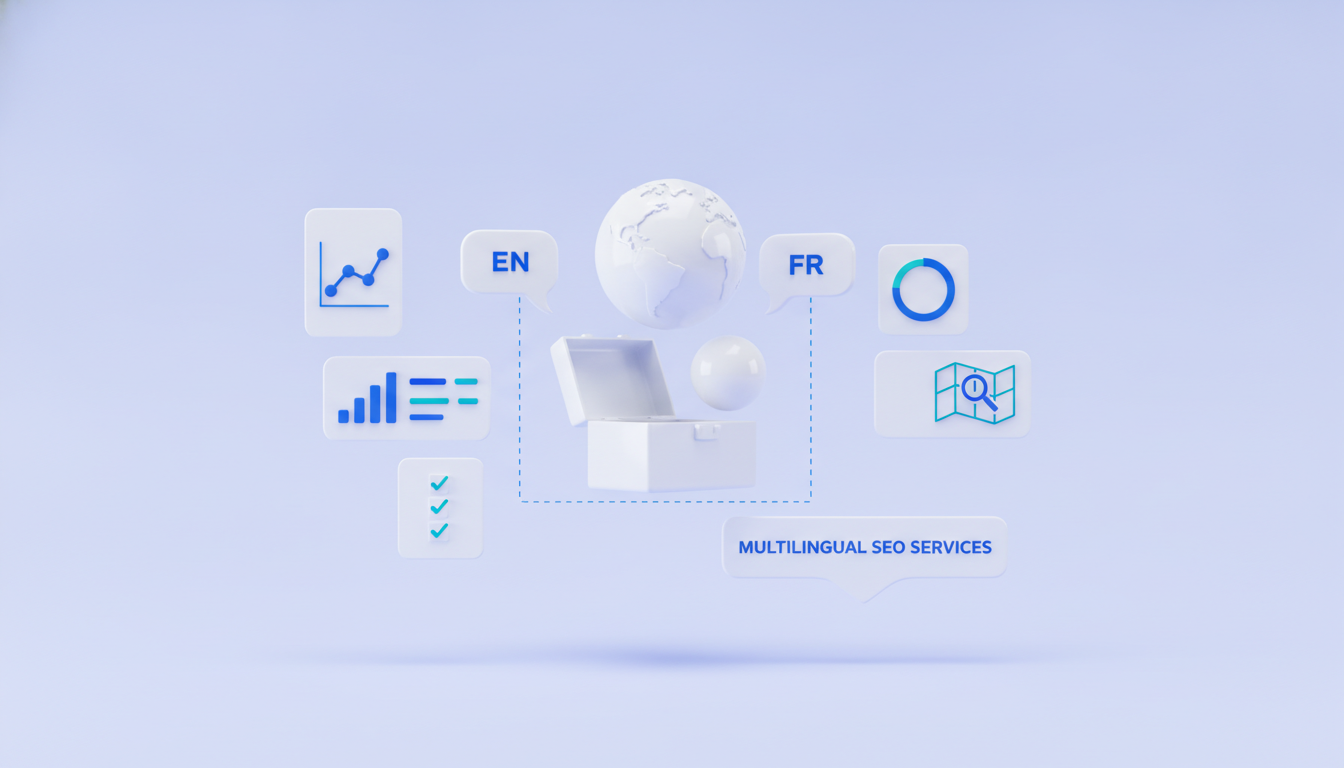 Multilingual SEO services illustration: toolbox, globe and language bubbles