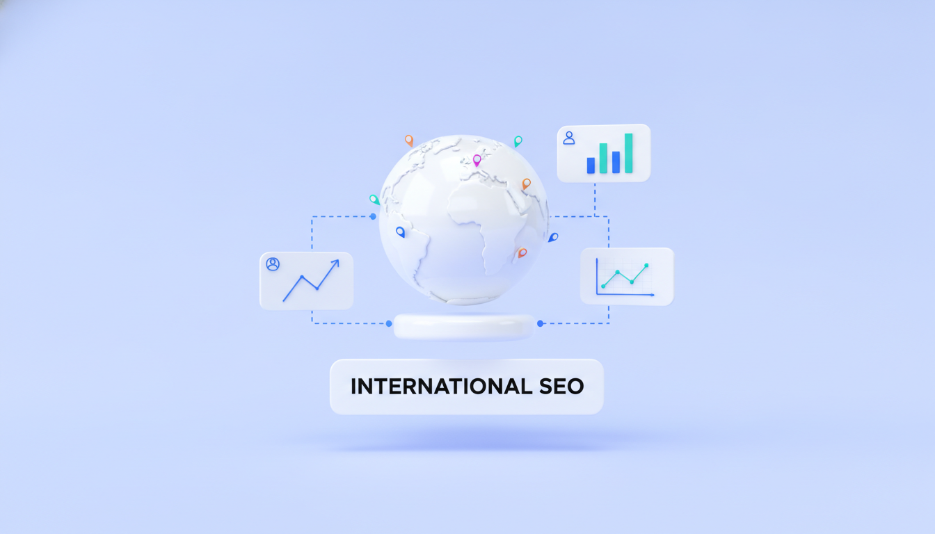 International SEO illustration: globe with location pins and rising charts