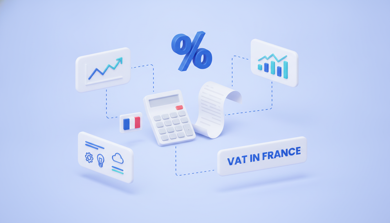 VAT in France illustration: calculator, receipt and percent sign with French flag
