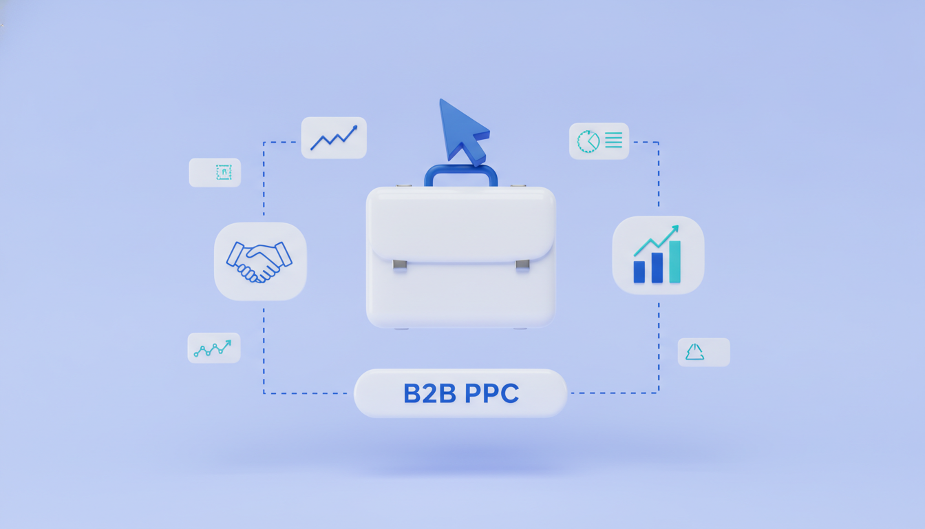 B2B PPC illustration: briefcase with cursor and handshake card