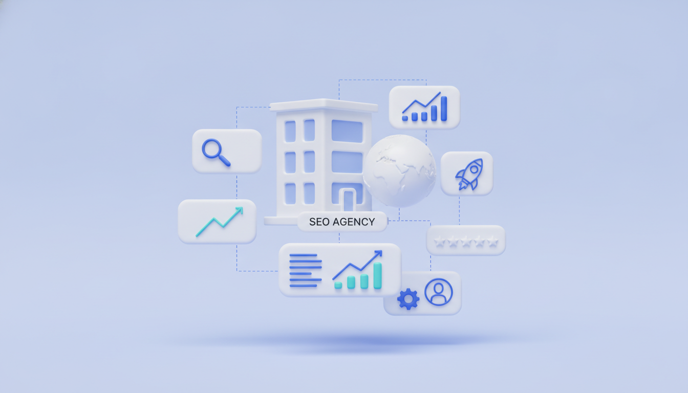 International SEO agency illustration: office building with globe and charts