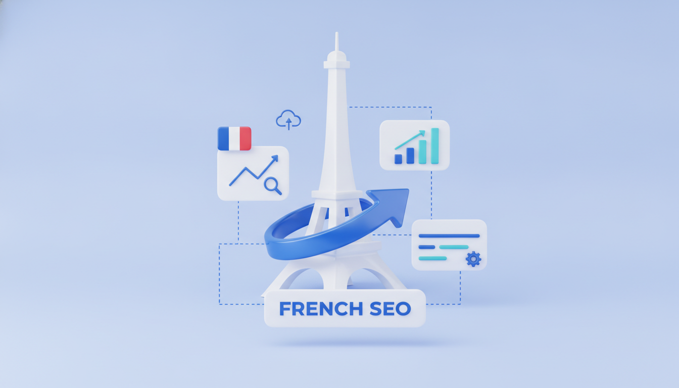 French SEO agency illustration: Eiffel Tower with growth arrow