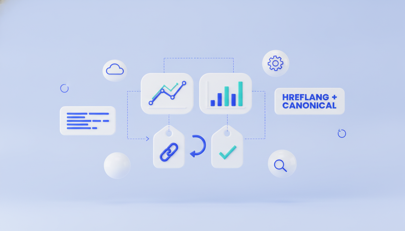 Hreflang and canonical tags illustration: linked tag and check-mark tag