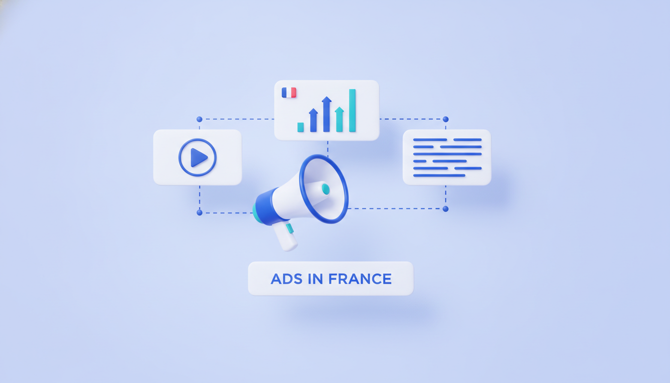 Advertising in France illustration: megaphone with billboards and French flag