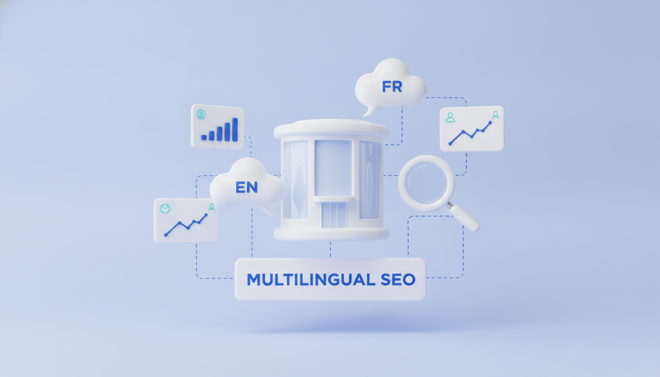 Multilingual SEO agency illustration: building with EN and FR speech bubbles