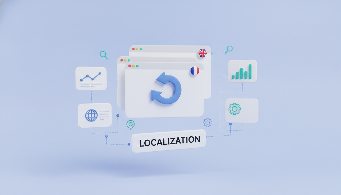 Website localization illustration: browser windows switching from English to French