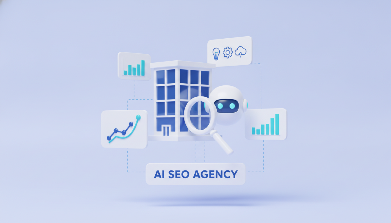 AI SEO agency illustration: office building with robot and magnifying glass