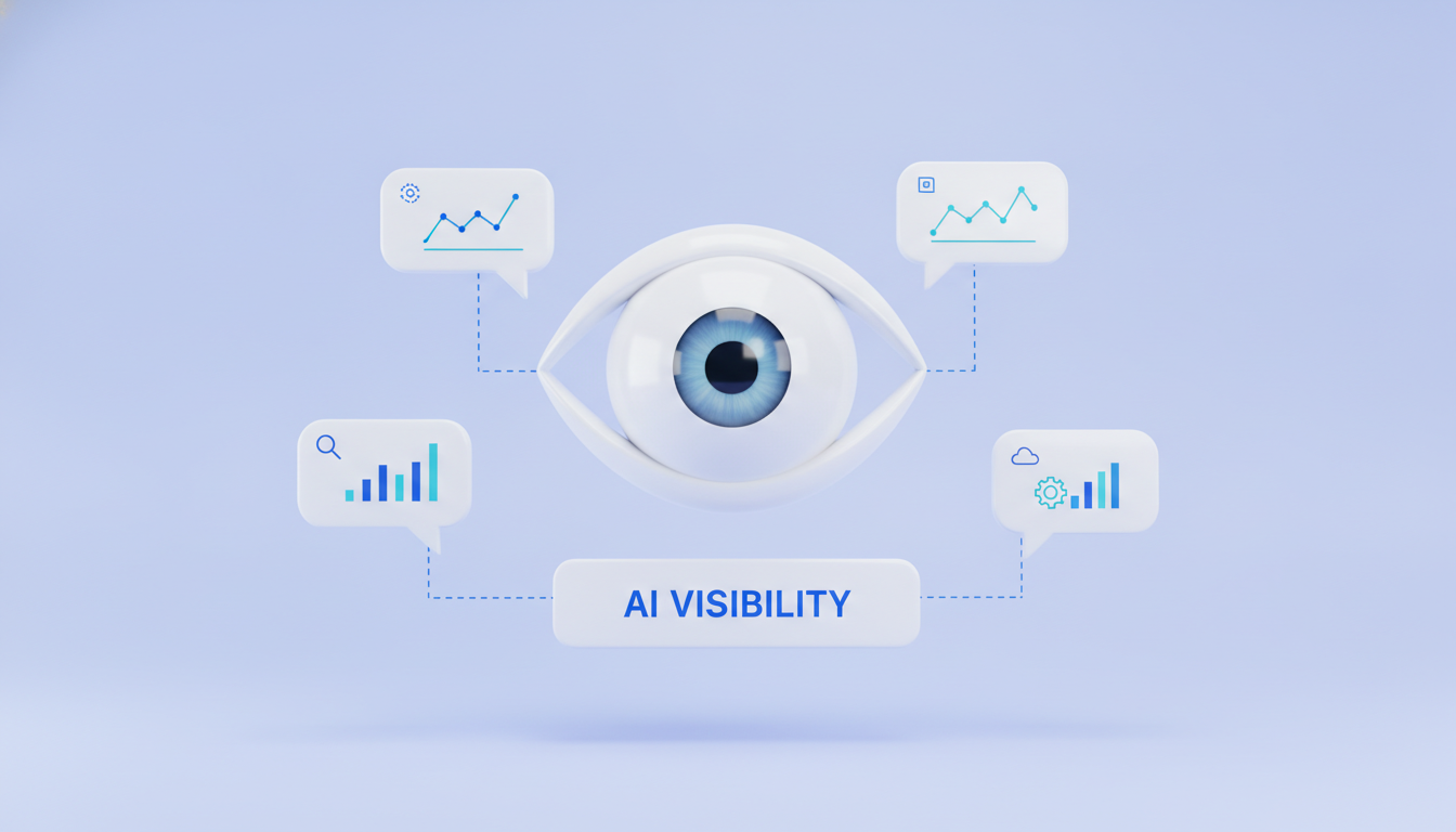 AI visibility illustration: large eye surrounded by chat bubbles with charts