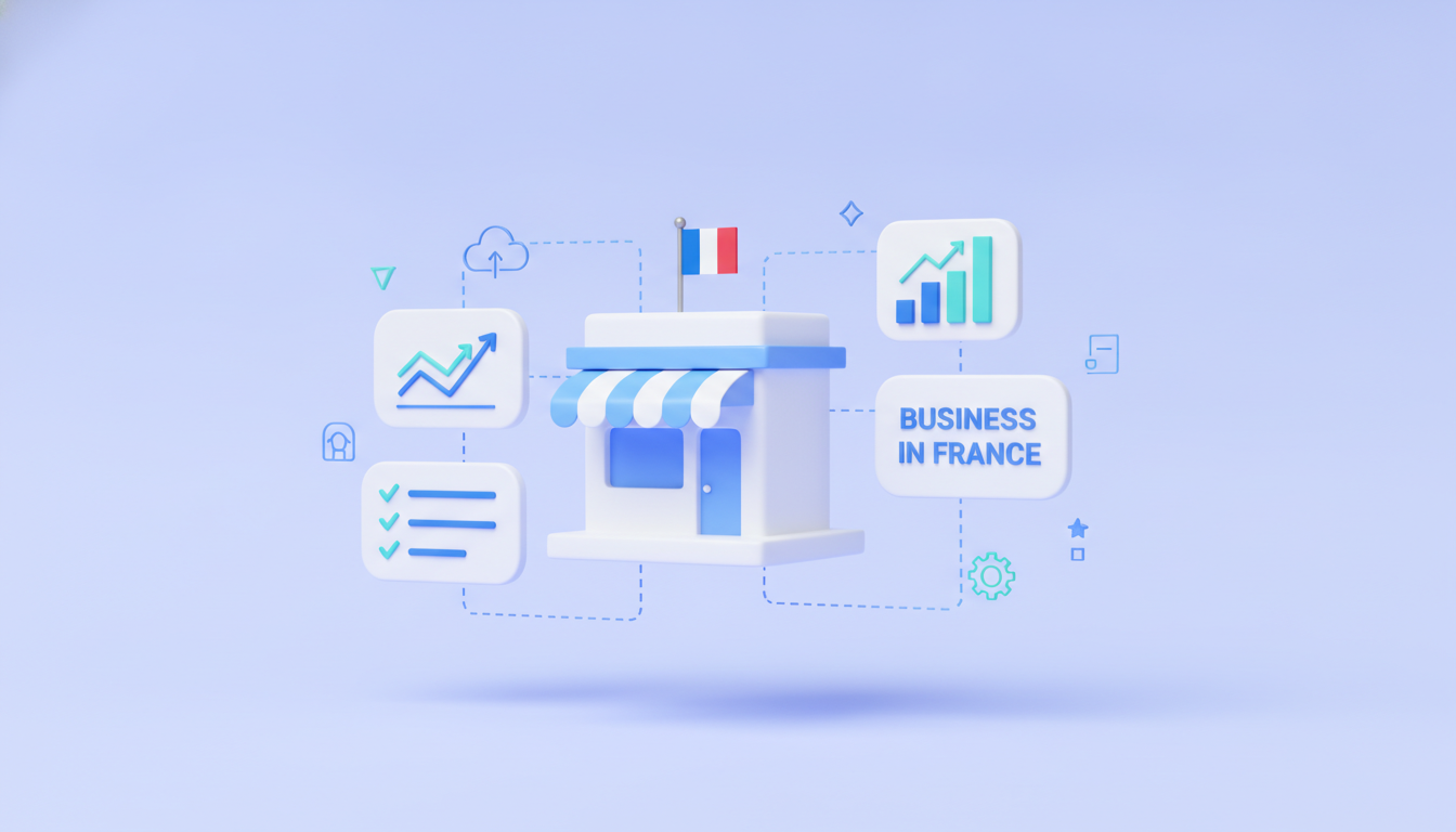 Starting a business in France illustration: storefront with French flag and checklist