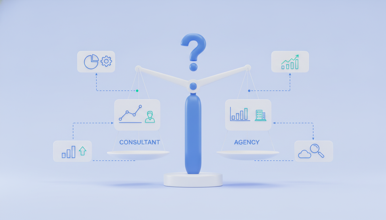Consultant vs agency illustration: balance scale comparison