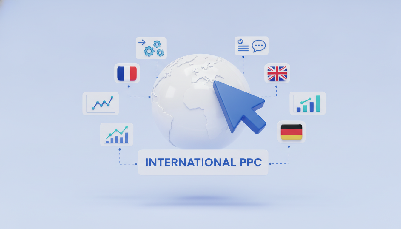International PPC illustration: globe with cursor and country flags