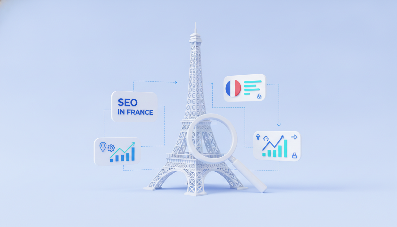SEO in France illustration: Eiffel Tower with magnifying glass and French flag