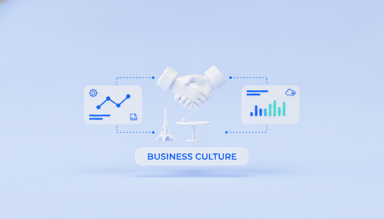 French business culture illustration: handshake over a cafe table with Eiffel Tower