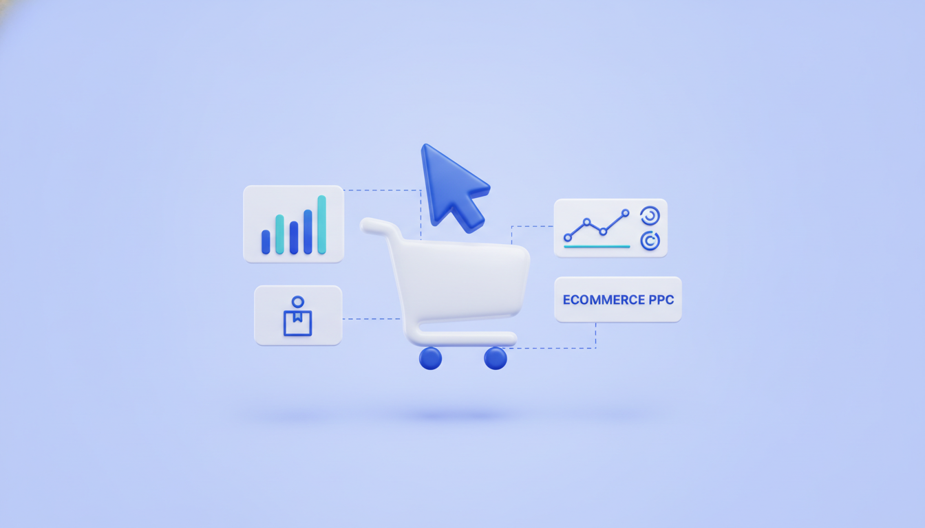 Ecommerce PPC illustration: shopping cart with cursor and charts