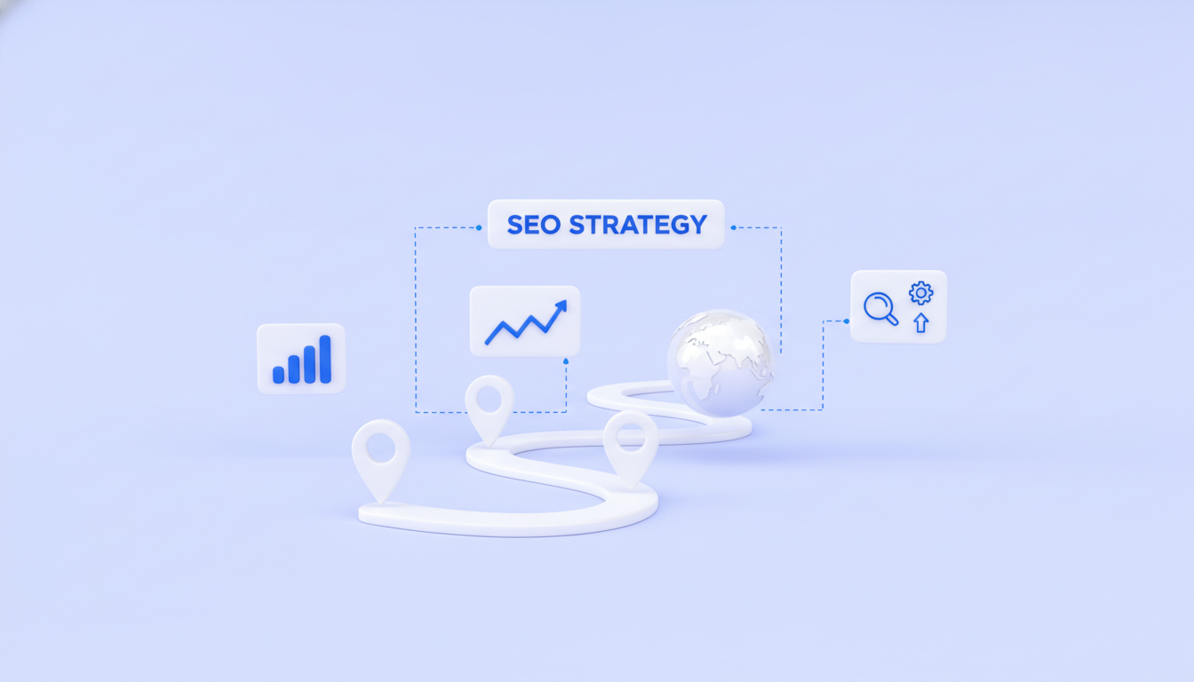 International SEO strategy illustration: milestone path leading to a globe