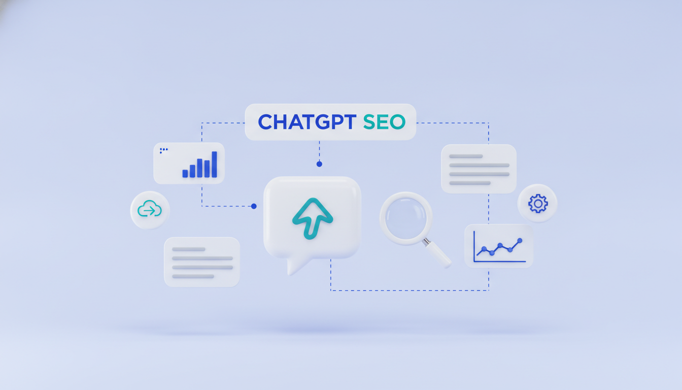 ChatGPT SEO illustration: chat bubble with spark and magnifying glass
