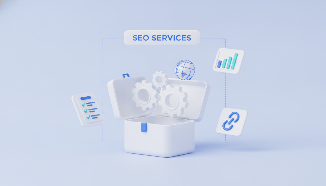 International SEO services illustration: toolbox with gears and globe