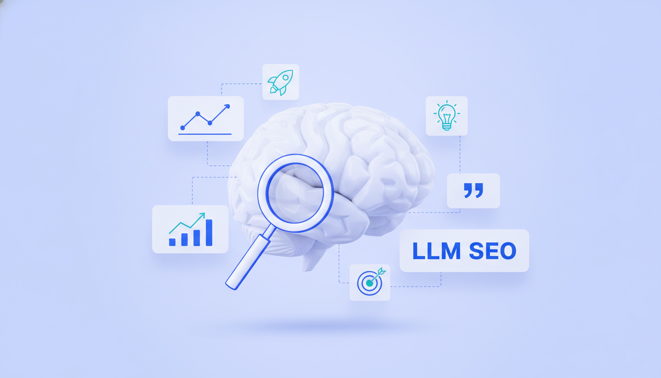 LLM SEO illustration: brain with magnifying glass and citation cards