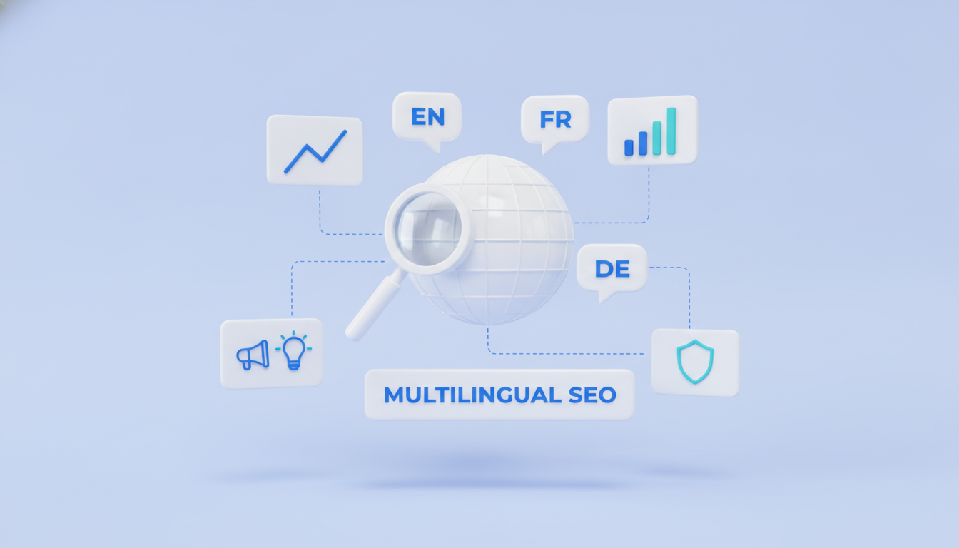 Multilingual SEO illustration: globe with EN, FR and DE speech bubbles
