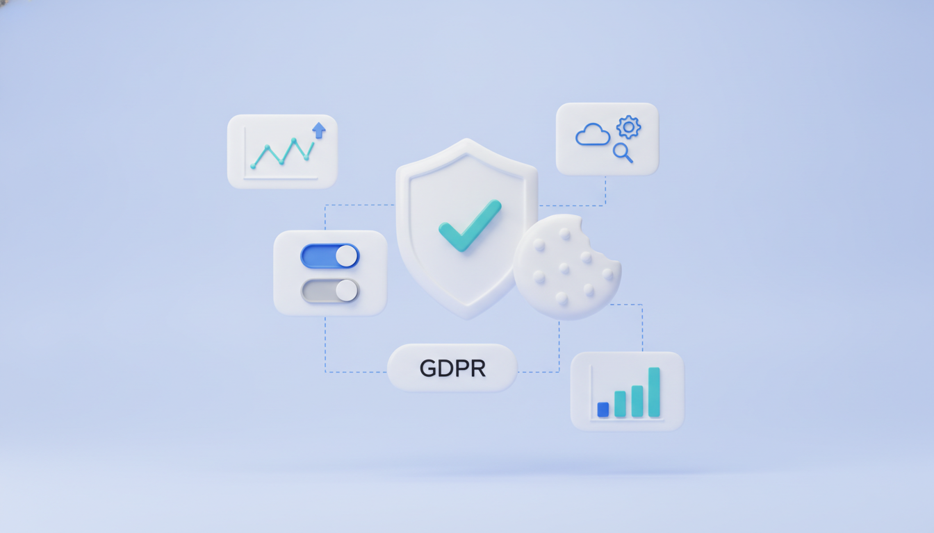 GDPR marketing illustration: shield with check mark, cookie and consent toggles