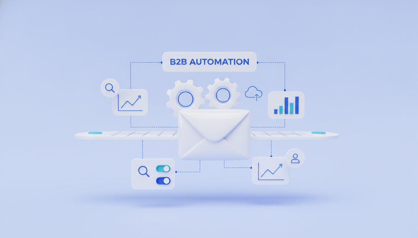 B2B marketing automation illustration: gears with envelope on conveyor